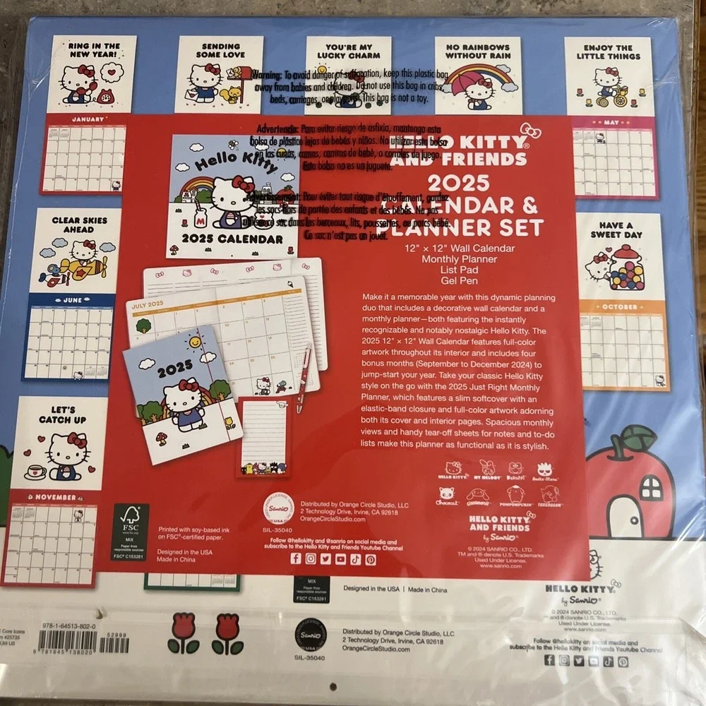 Hello Kitty and Friends 2025 Wall Calendar, Planner, List Pad, Gel Pen Set
